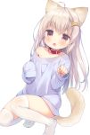  1girl :o animal_ears bone_hair_ornament character_request collar commentary_request copyright_request dog_collar dog_ears dog_tail fang hair_ornament long_hair off_shoulder oversized_clothes paw_pose pink_eyes platinum_blonde sleeves_past_wrists sweater tail thigh-highs usashiro_mani 