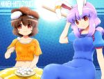  2girls alternate_hairstyle animal_ears blue_dress brown_hair collarbone commentary_request dango dress eating food hat highres inaba_tewi long_hair midriff multiple_girls navel plate puffy_short_sleeves puffy_sleeves purple_hair rabbit_ears red_eyes reisen_udongein_inaba ringo_(touhou) ringo_(touhou)_(cosplay) seiran_(touhou) seiran_(touhou)_(cosplay) shirosato shirt short_hair short_sleeves skirt touhou wagashi 