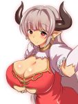  1girl alicia_(granblue_fantasy) blush breast_hold breasts center_opening cleavage cross cross_earrings dress earrings fujikusa granblue_fantasy grey_hair horns huge_breasts jewelry long_hair looking_at_viewer pointy_ears red_dress red_eyes smile solo tareme underboob_cutout upper_body 