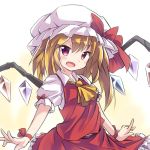  1girl :d ascot blush bow collared_shirt crystal dress_shirt fang fingers flandre_scarlet hat hat_bow index_finger_raised looking_at_viewer mob_cap open_mouth outstretched_arms red_eyes ryogo shirt short_hair side_ponytail skirt skirt_set smile solo touhou vest wings 