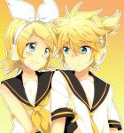  1boy 1girl aqua_eyes blonde_hair eye_contact hair_ribbon headphones kagamine_len kagamine_rin long_hair looking_at_another maruki_(punchiki) ribbon school_uniform serafuku smile sweatdrop vocaloid white_ribbon 