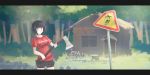  1girl axe blue_eyes blurry blush depth_of_field forest grass highres letterboxed mr_very nature original parted_lips road_sign short_hair shorts sign solo tree weapon 