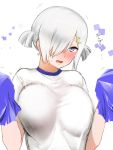  1girl blush bouncing_breasts breasts cheerleader gym_uniform hair_ornament hair_over_one_eye hairclip hamakaze_(kantai_collection) hinya_(wabi) kantai_collection large_breasts looking_at_viewer open_mouth pom_poms short_twintails solo sweatdrop twintails 