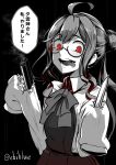  absurdres ahoge bangs blood blood_splatter bow concealed_weapon dagger double-barreled_shotgun dual_wielding ebiblue gesugao glasses hair_bun highres holding holding_knife holding_weapon kantai_collection makigumo_(kantai_collection) open_mouth red_eyes sleeves_past_wrists smoke tongue tongue_out translation_request twitter_username weapon 