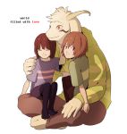  1boy androgynous asriel_dreemurr brown_hair chara_(undertale) closed_eyes frisk_(undertale) highres horns hug looking_at_viewer monster_boy older red_eyes redlhzz shirt short_hair shorts sitting sitting_on_lap sitting_on_person smile striped striped_shirt sweater undertale 