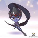  1girl artist_request chibi frown full_body gun head_mounted_display long_hair looking_at_viewer lowres mask_on_head official_art overwatch ponytail purple_hair purple_skin rifle sniper_rifle solo very_long_hair weapon widowmaker_(overwatch) yellow_eyes 