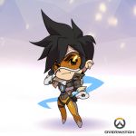  1girl artist_request black_gloves black_hair chibi ear_piercing full_body gloves goggles hand_on_hip lowres official_art overwatch piercing short_hair solo standing tracer_(overwatch) 