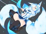  1girl animal_ears black_legwear blue_eyes blue_hair boots breasts commentary_request fox_ears fox_tail hair_ornament hair_over_one_eye highres korigitsune looking_at_viewer miniskirt multiple_tails original panties pantyshot shards short_hair skirt solo tail thigh-highs underwear upskirt white_panties 