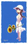  1girl alternate_costume arm_at_side arm_behind_back artist_name bangs barefoot blue_background blue_bow blue_ribbon bow braid brown_eyes brown_hair closed_mouth clothes_writing dress eyelashes flower from_behind full_body hat hat_bow hat_ribbon holding holding_flower juushimatsu&#039;s_girlfriend long_hair looking_at_viewer looking_back mizuiri number osomatsu-kun osomatsu-san ribbon sash shade signature single_braid sleeveless sleeveless_dress smile solo standing striped striped_background sun_hat sundress sunflower vertical-striped_background vertical_stripes white_border white_dress white_hat wristband 
