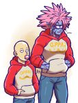  2boys alien bald blue_skin bubblegum casual cyclops earrings green_eyes highres jewelry lord_boros male_focus multiple_boys one-eyed one-punch_man pink_hair pointy_ears raiphen saitama_(one-punch_man) sharp_teeth signature spiky_hair sweater teeth 