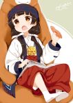  1girl ainu_clothes amayadori_machi bangs bear black_hair blunt_bangs blush book brown_eyes commentary_request eating food food_on_face hair_ribbon hakama headband highres japanese_clothes kumamiko long_hair low_twintails miko muku_(muku-coffee) natsu_(kumamiko) open_mouth reading ribbon sitting sitting_on_lap sitting_on_person sweet_potato tabi twintails white_legwear 