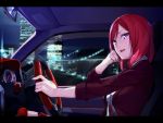  1girl bangs breasts car cityscape ginopi hand_on_own_cheek looking_at_viewer love_live!_school_idol_project motor_vehicle nishikino_maki open_mouth redhead right-hand_drive short_hair solo vehicle violet_eyes 