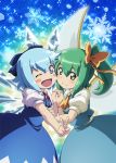  2girls blue_dress blue_eyes blue_hair blush blush_stickers cheek-to-cheek cirno daiyousei dress fairy_wings green_eyes green_hair hair_bobbles hair_ornament hair_ribbon holding_hands ice ice_wings interlocked_fingers looking_at_viewer lunamoon multiple_girls one_eye_closed open_mouth puffy_short_sleeves puffy_sleeves ribbon shirt short_sleeves side_ponytail skirt skirt_set smile snowflakes touhou v vest wings 