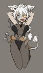  1girl alternate_costume animal_ears arms_behind_head belt blue_eyes bola_(weapon) bunnysuit cat_ears collar covered_nipples eyepatch fang genderswap genderswap_(mtf) highres league_of_legends leotard lion_tail mogijabgo open_mouth ponytail rengar solo sweatdrop tail unzipped white_hair 
