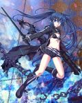  1girl belt black_bikini_top black_boots black_gloves black_hair black_rock_shooter black_rock_shooter_(character) black_shorts blue_eyes boots burning_eyes chain checkered checkered_background flat_chest front-tie_bikini front-tie_top gloves highres holding holding_sword holding_weapon long_hair looking_at_viewer short_shorts shorts solo sword twintails wakou_tensui weapon 