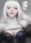  1girl bangs bravely_default_(series) bravely_second:_end_layer breasts cleavage flower hair_flower hair_ornament half-closed_eyes highres lips long_hair looking_at_viewer magnolia_arch medium_breasts nostrils parted_lips red_eyes solo square_enix stanley_lau upper_body white_hair 