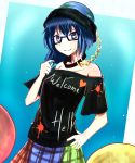 1girl bare_shoulders bespectacled blue_eyes blue_hair chain clothes_writing earth_(ornament) glasses hat hecatia_lapislazuli highres polos_crown poyosuke shirt sketch skirt smile solo t-shirt touhou 
