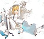  1girl :d arms_up ass blonde_hair bodysuit breasts bridal_veil chokoan_(tyokoa4649) fate/extra fate/extra_ccc fate/grand_order fate_(series) gloves green_eyes high_heels open_mouth saber_bride saber_extra simple_background smile solo veil white_background 