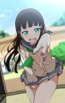  1girl blurry blush brown_hair covering covering_crotch depth_of_field dutch_angle green_eyes highres icehotmilktea kurosawa_dia lens_flare long_hair long_sleeves looking_at_viewer love_live! love_live!_sunshine!! mole mole_under_mouth neckerchief open_mouth pleated_skirt reaching_out school_uniform serafuku shirt skirt sliding_doors solo tatami tree wavy_mouth wind 