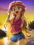    1girl aqua_eyes dated denim denim_shorts highres jewelry long_hair looking_at_viewer midriff multicolored_hair my_little_pony my_little_pony_equestria_girls my_little_pony_friendship_is_magic navel necklace open_mouth outline shorts sidelocks signature smile solo sparkle sunset sunset_shimmer uotapo white_outline 