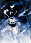  1girl belt black_hair black_rock_shooter black_rock_shooter_(character) black_shorts black_sweater blue_eyes burning_eyes chain checkered checkered_floor highres holding holding_sword holding_weapon long_hair looking_at_viewer navel scar shell_(pixiv) short_shorts shorts sweater sword twintails weapon 