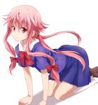  1girl blue_skirt collarbone gasai_yuno hair_ornament kneeling long_hair maruki_(punchiki) mirai_nikki pink_hair pleated_skirt school_uniform simple_background skirt smile socks solo violet_eyes white_background white_legwear 