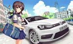  1girl bag black_hair brown_eyes car cellphone fubuki_(kantai_collection) headphones highres kantai_collection long_hair low_ponytail motor_vehicle phone standing tianyu_jifeng vehicle volkswagen 