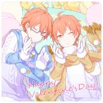  ;) alternate_costume aoi_kyosuke aoi_yusuke blown_kiss blue-framed_glasses candy glasses gloves heart idolmaster idolmaster_side-m lying on_back one_eye_closed orange_eyes orange_hair pom_pom_(clothes) scarf shim@ smile valentine w_(idolmaster) white_gloves winter_clothes 