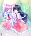  2girls amo animal_ears bamboo bamboo_forest black_hair blush brown_eyes floral_print forest highres hime_cut holding_hands houraisan_kaguya interlocked_fingers lavender_hair long_hair multiple_girls nature necktie open_mouth puffy_short_sleeves puffy_sleeves rabbit_ears red_eyes reisen_udongein_inaba shirt short_sleeves skirt smile touhou very_long_hair wide_sleeves yuri 