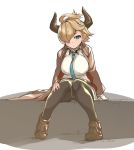  1girl ahoge belt black_legwear blonde_hair blue_eyes boots breasts coat dress granblue_fantasy hair_over_one_eye horns laguna_(granblue_fantasy) large_breasts looking_at_viewer necktie pantyhose short_hair sitting solo tsukinami_kousuke 