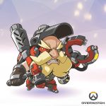  1boy artist_request beard blonde_hair chibi clenched_teeth copyright_name eyepatch facial_hair full_body gloves hammer lowres male_focus mask_on_head official_art overwatch solo teeth torbjorn_(overwatch) welding_mask 