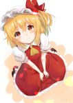  1girl ascot blonde_hair blush dress flandre_scarlet from_above hat highres nise_(__nise6__) red_dress red_eyes short_hair side_ponytail solo tears touhou 