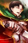  1boy black_hair cape eren_yeager foreshortening green_eyes highres jacket male_focus open_mouth ox-miruku shingeki_no_kyojin solo suspenders sword three-dimensional_maneuver_gear upper_body watermark weapon web_address 