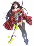  1girl black_hair black_legwear breasts cleavage collarbone flower garter_straps hair_flower hair_ornament horns inu_x_boku_ss japanese_clothes long_hair merino_(nitou) shirakiin_ririchiyo solo thigh-highs violet_eyes weapon 