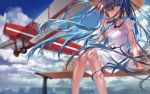  1girl 2016 airplane avamone biplane blue_eyes blue_hair clouds dress floating_hair hat hatsune_miku highres long_hair looking_at_viewer sitting sky solo straw_hat very_long_hair vocaloid 