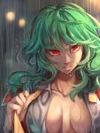  1girl ascot asu_tora breasts collarbone green_hair head_tilt highres kazami_yuuka looking_at_viewer open_clothes open_shirt plaid plaid_vest rain red_eyes shirt solo touhou upper_body water_drop wavy_hair wet wet_clothes white_shirt 