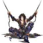  1boy armor armored_boots black_hair boots bruise chain chained granblue_fantasy injury lancelot_(granblue_fantasy) male_focus official_art sitting solo torn_clothes wavy_hair 