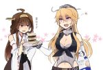  ahoge annin_musou bangs blonde_hair breasts brown_eyes brown_hair cleavage collar commentary_request detached_sleeves flag food green_eyes hair_between_eyes hair_up hairband hamburger hand_on_hip headgear holding_plate iowa_(kantai_collection) kantai_collection kongou_(kantai_collection) large_breasts long_hair navel nontraditional_miko open_mouth shirt smile sweatdrop tied_shirt translation_request wide_sleeves 