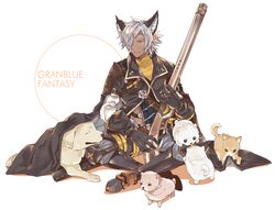  1boy dark_skin dog eustace_(granblue_fantasy) granblue_fantasy gun holding holding_weapon indian_style male_focus rifle sitting solo sumeshi_(ginshari40) weapon 