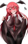  1girl absurdres between_breasts black_legwear blush demon_tail head_wings highres koakuma long_hair makurakabar necktie necktie_between_breasts pantyhose red_eyes redhead skirt_hold solo sweatdrop tail thighband_pantyhose touhou very_long_hair 