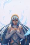  1girl aqua_(fire_emblem_if) artist_name blue_hair fingerless_gloves fire_emblem fire_emblem_if gloves hair_between_eyes jewelry koyorin long_hair necklace solo very_long_hair water watermark web_address yellow_eyes 