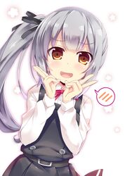  1girl brown_eyes kantai_collection kasumi_(kantai_collection) long_hair maruchan. open_mouth remodel_(kantai_collection) school_uniform side_ponytail silver_hair smile suspenders v 