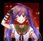  1girl collarbone ebisuzawa_kurumi fingerless_gloves gakkou_gurashi! gloves grin hair_ribbon long_hair looking_at_viewer nichikatsu one_eye_closed purple_hair red_eyes red_ribbon ribbon smile solo twintails 