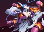  1girl ahoge arm_support black_gloves blue_hair boots braid bullet character_name copyright_name crack crop_top curry_bowl dutch_angle explosion fingerless_gloves fire floating_hair from_below full_body gloves grin hair_between_eyes hair_ornament jewelry jinx_(league_of_legends) league_of_legends light_particles long_hair looking_at_viewer midriff necklace purple_legwear purple_shorts sharp_teeth single_thighhigh sitting sleeveless small_breasts smile smoke solo teeth thigh-highs thigh_strap twin_braids very_long_hair 