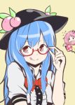  2girls anger_vein bespectacled black_hat blue_hair blush_stickers bow bowtie flying_sweatdrops food fruit glasses hair_bobbles hair_ornament hat hat_leaf hinanawi_tenshi kuroto2009 light_brown_background long_hair looking_to_the_side motoori_kosuzu multiple_girls peach pink_hair plaid plaid_shirt red-framed_glasses red_bow red_bowtie red_eyes semi-rimless_glasses shirt short_sleeves smile tongue tongue_out touhou under-rim_glasses wide_sleeves 