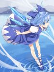  1girl \||/ asu_tora blue_dress blue_eyes blue_hair blue_shoes bow cirno dress hair_bow highres ice ice_wings leaning_forward legs misty_lake mountain parted_lips ribbon ripples shirt shoes short_hair sleeveless sleeveless_dress snow snowing socks solo touhou white_legwear white_shirt wind wings 