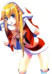  1girl adelina blonde_hair blue_eyes collarbone full_metal_panic!_another hat highres hood long_hair looking_at_viewer miniskirt navel red_skirt santa_hat simple_background skirt solo white_background 