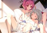  2girls closed_eyes eyeball green_hair hairband hat hat_ribbon heart heart_of_string highres ke-ta komeiji_koishi komeiji_satori multiple_girls pink_eyes pink_hair ribbon short_hair siblings sisters sleeping third_eye touhou wide_sleeves 