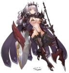  1girl bikini_top breasts dated light_smile long_hair midriff navel pointy_ears polearm pupps purple_hair signature solo veins veiny_breasts weapon 