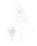  2girls absurdres animal_ears artist_request breasts bunnysuit chibi dual_persona flat_chest fox_ears fox_tail fur highres kitsune luz_ninetei monochrome monster_girl monster_musume_no_iru_nichijou multiple_girls multiple_tails necktie older open_mouth smile tail 